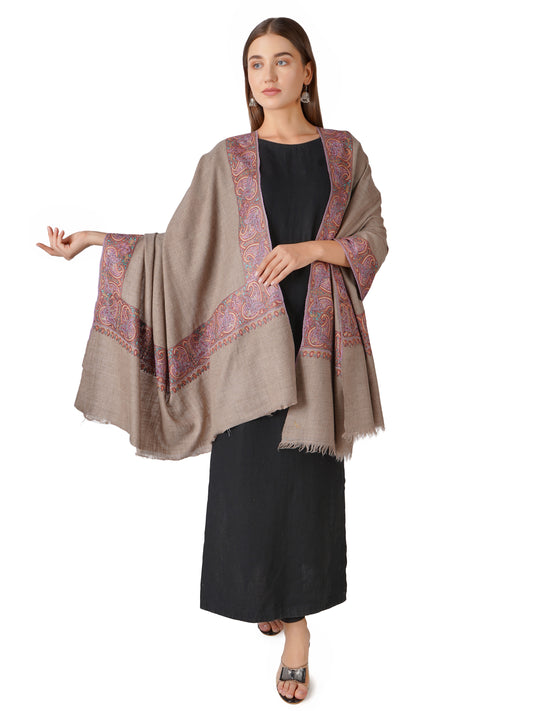 Pashmina Shawl Handwoven with Sophisticated Floral Hand Embroidery - Natural Toosh