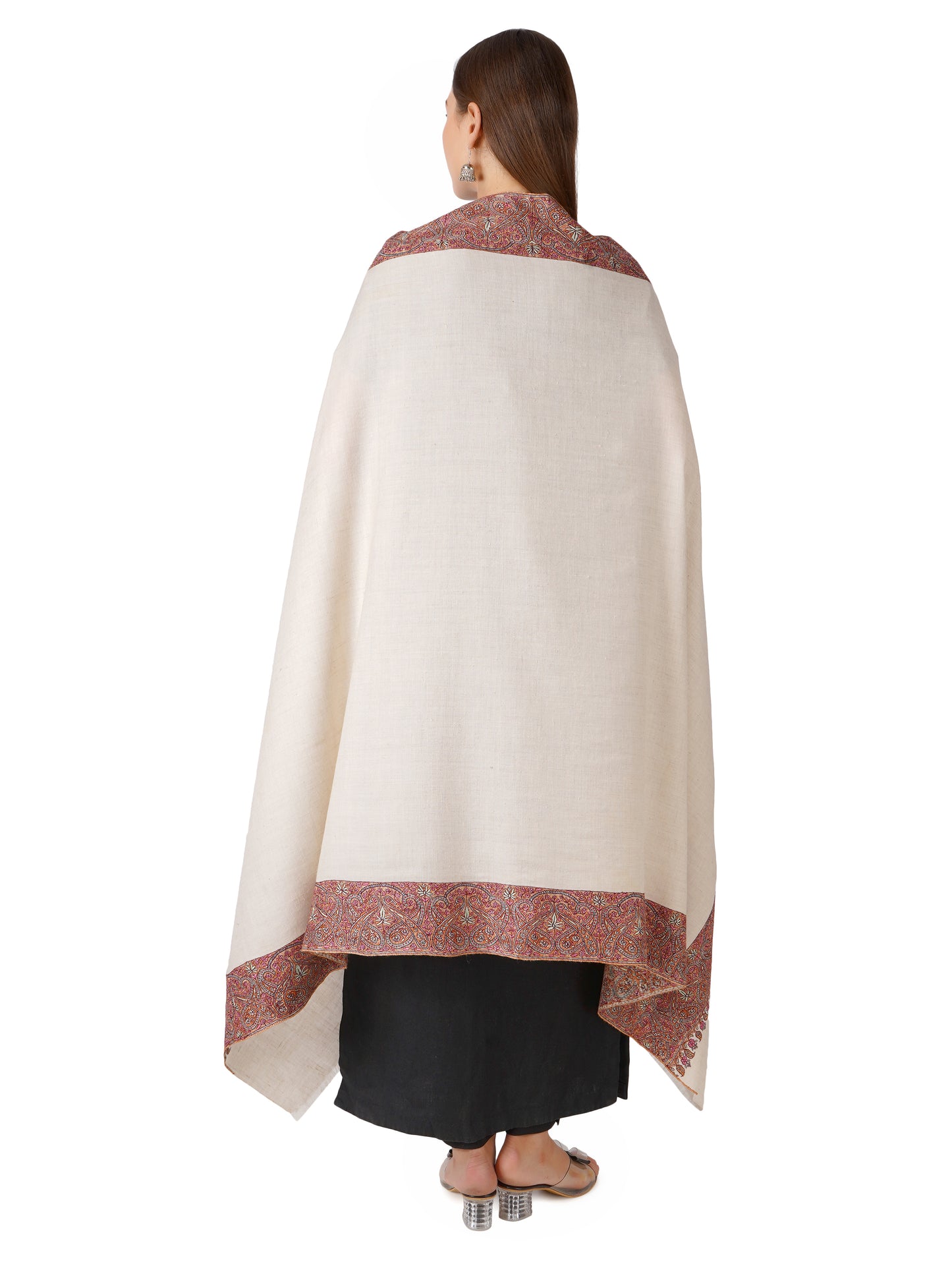 Elegant Kashmiri Pashmina Shawl with Handcrafted Embroidery on Borders - Off White