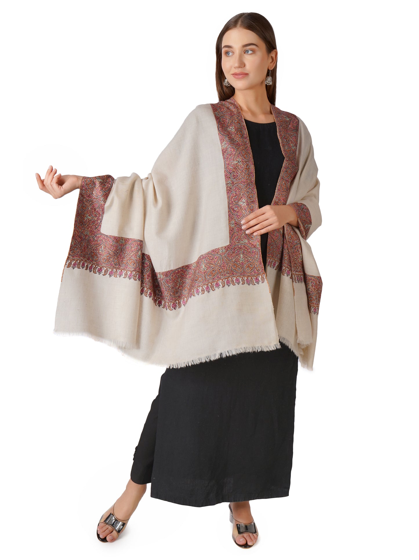 Elegant Kashmiri Pashmina Shawl with Handcrafted Embroidery on Borders - Off White