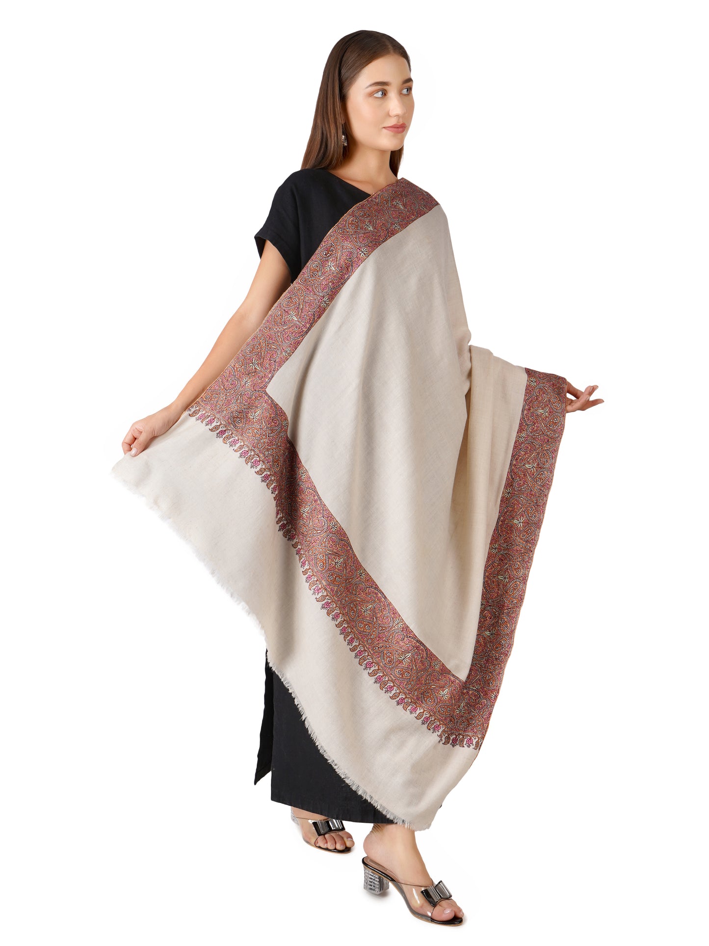 Elegant Kashmiri Pashmina Shawl with Handcrafted Embroidery on Borders - Off White