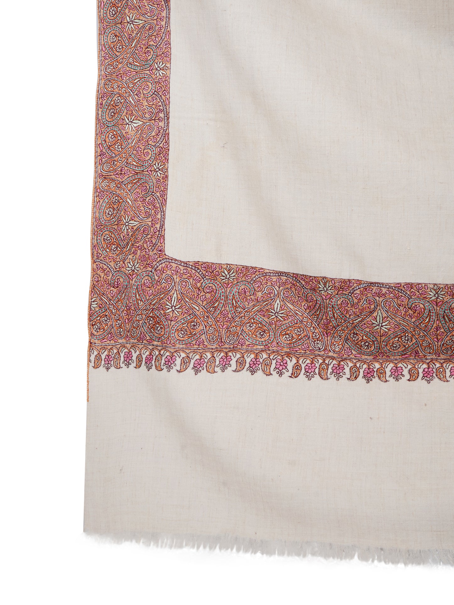 Elegant Kashmiri Pashmina Shawl with Handcrafted Embroidery on Borders - Off White