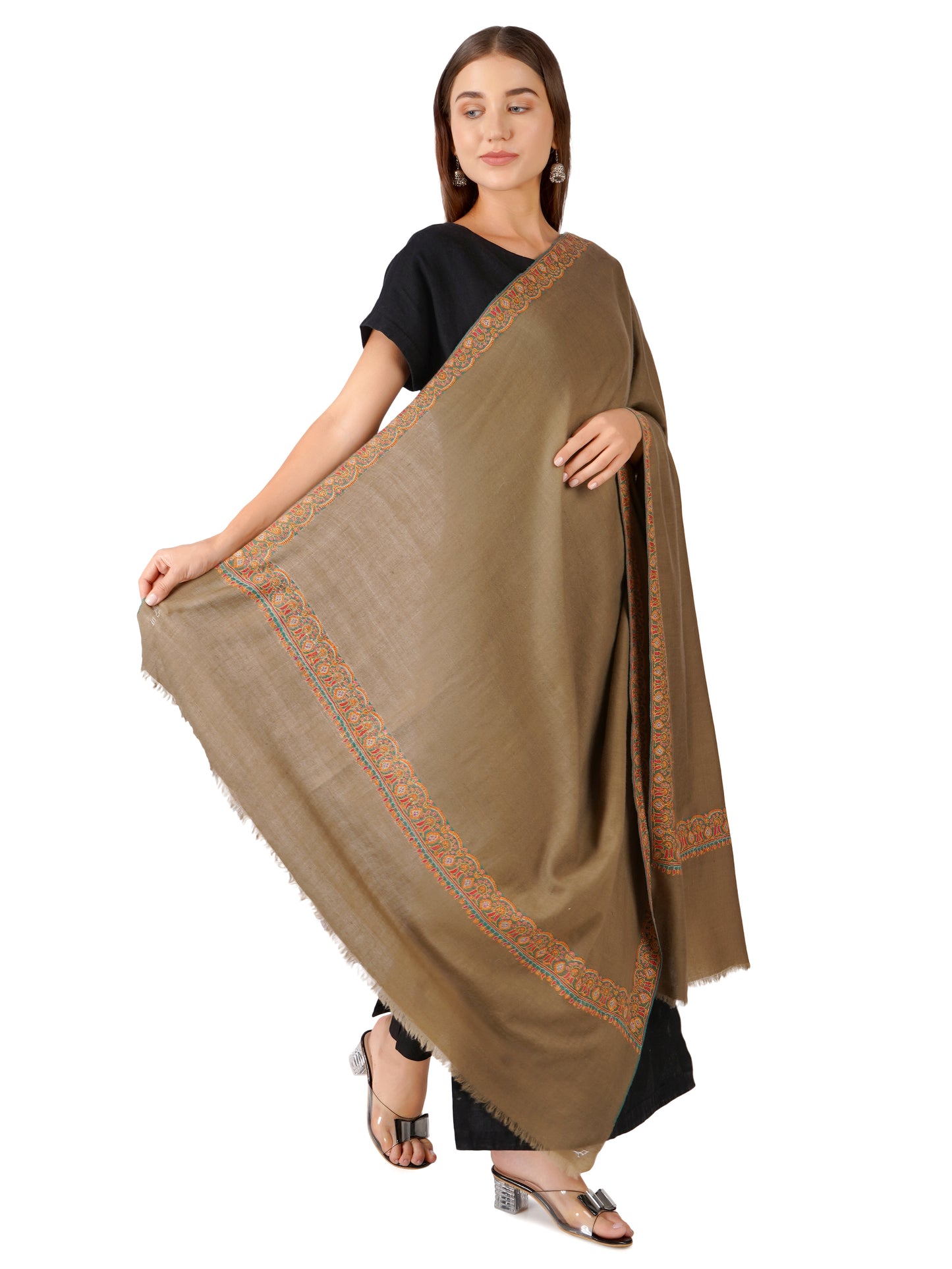 Exquisite Kashmiri Pashmina Shawl with Handcrafted Embroidery - Toosh Color