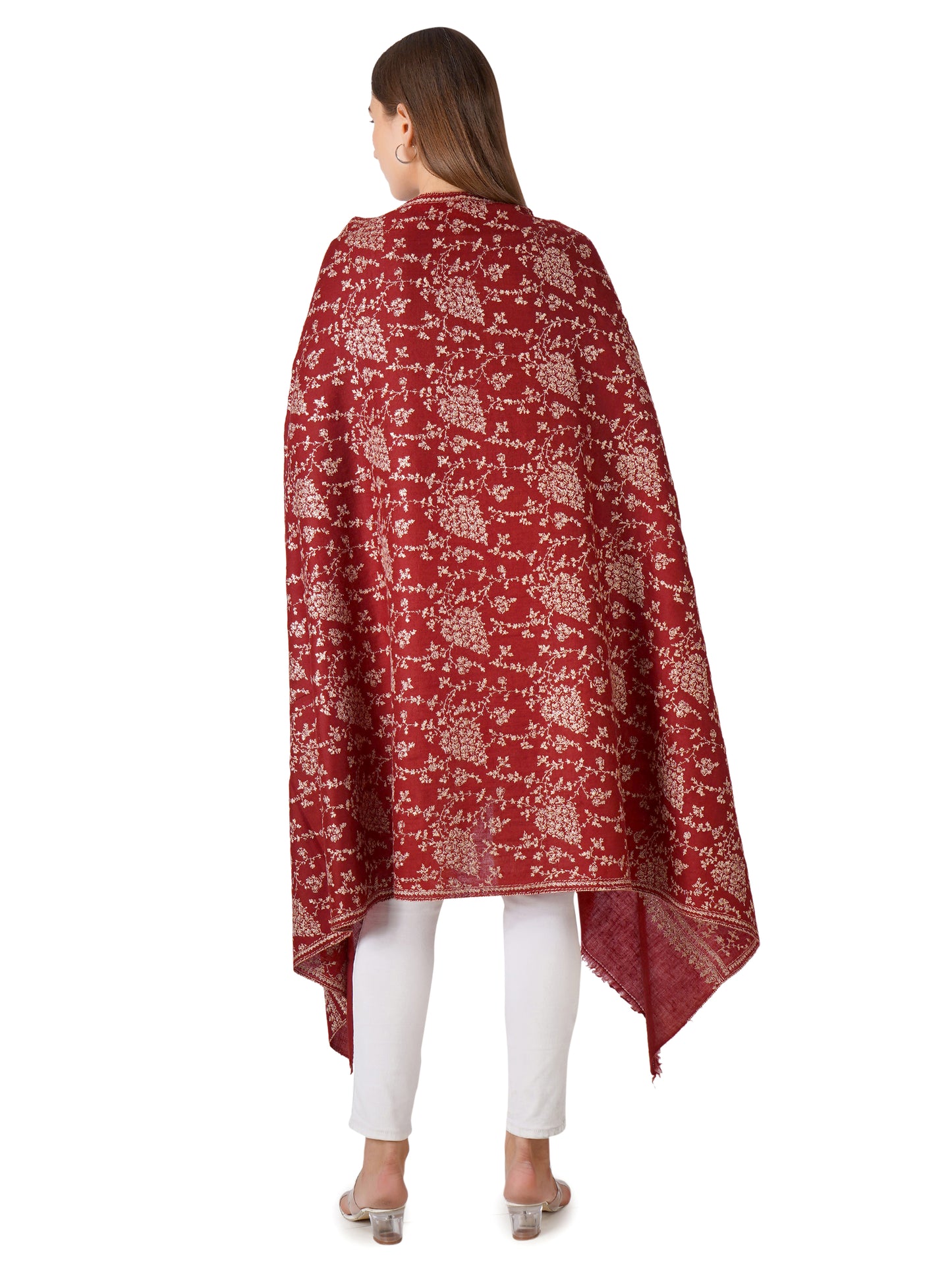 Elegant Red Pashmina Shawl with Floral Embroidery