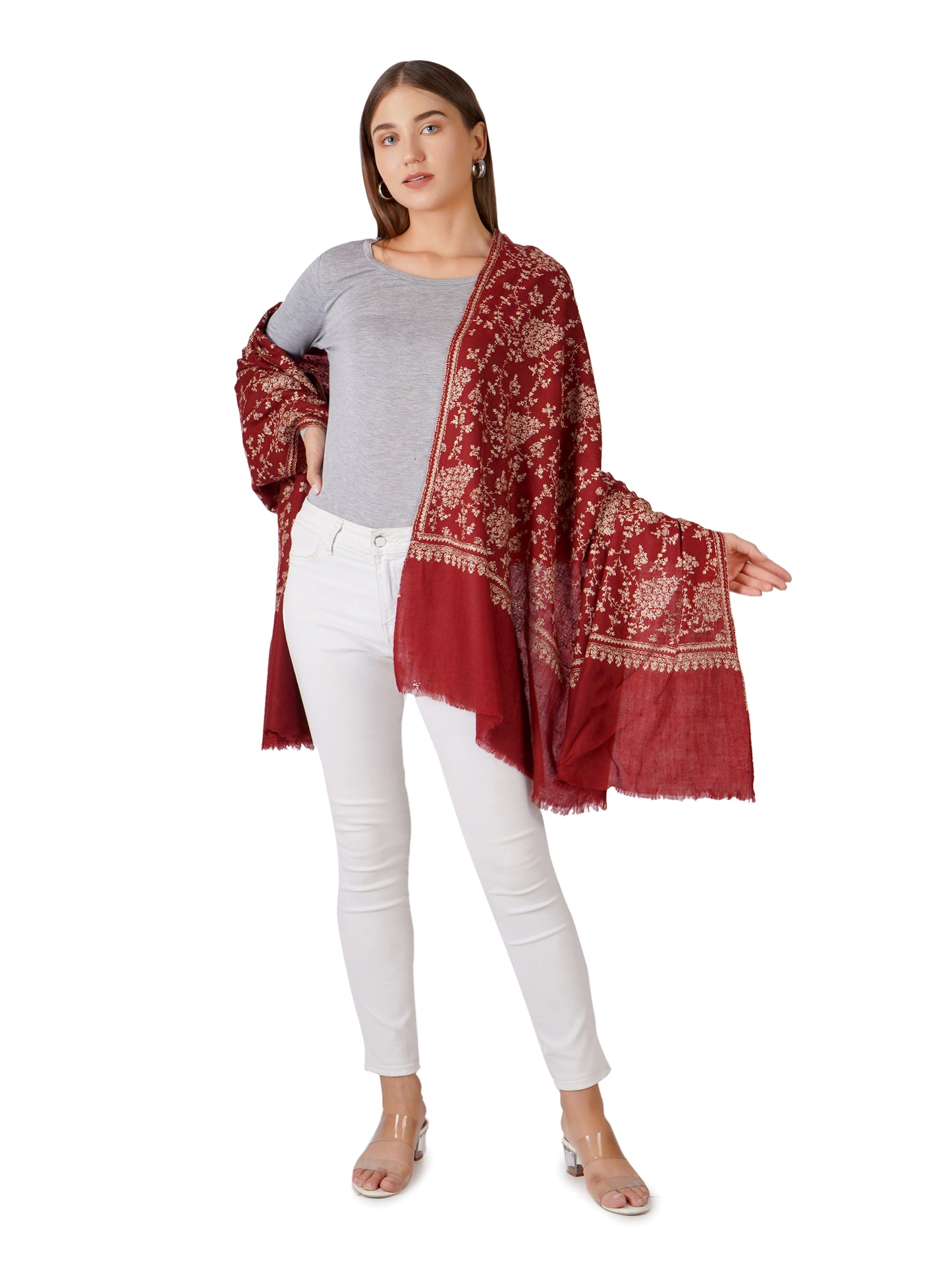 Elegant Red Pashmina Shawl with Floral Embroidery