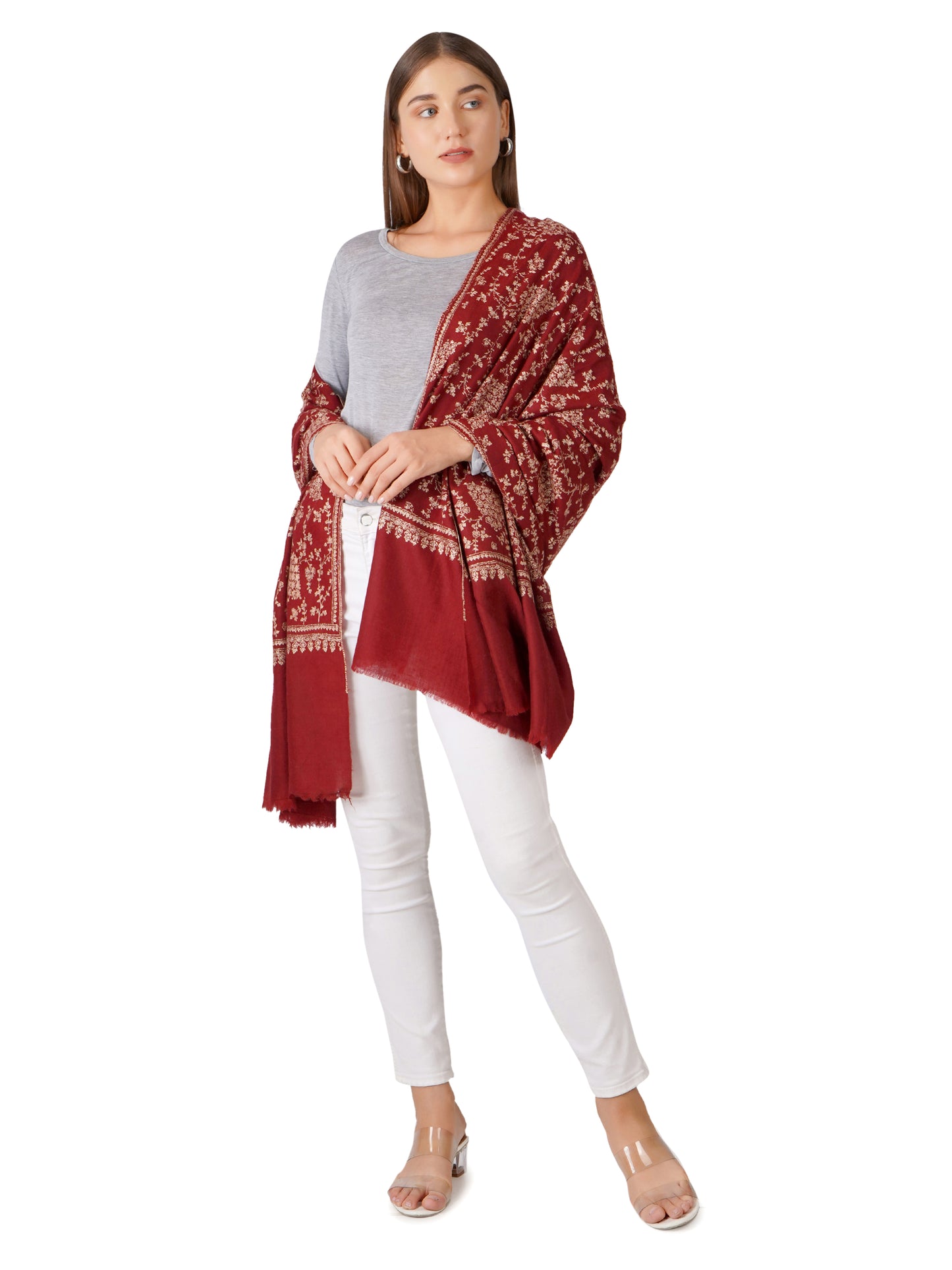 Elegant Red Pashmina Shawl with Floral Embroidery