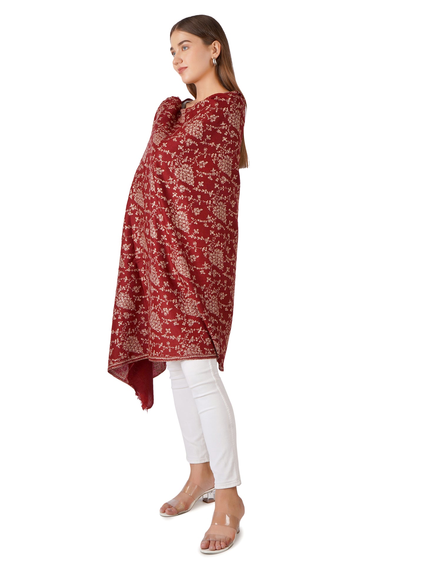 Elegant Red Pashmina Shawl with Floral Embroidery