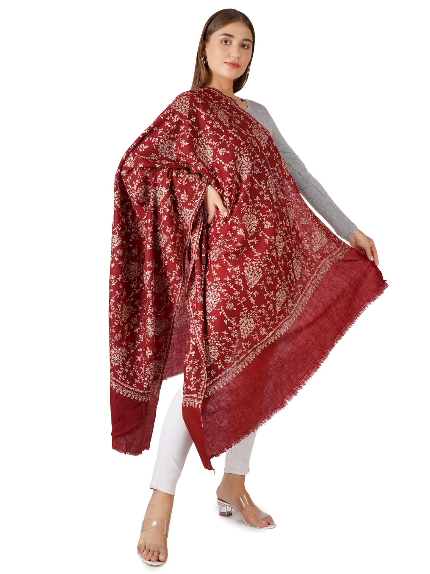 Elegant Red Pashmina Shawl with Floral Embroidery