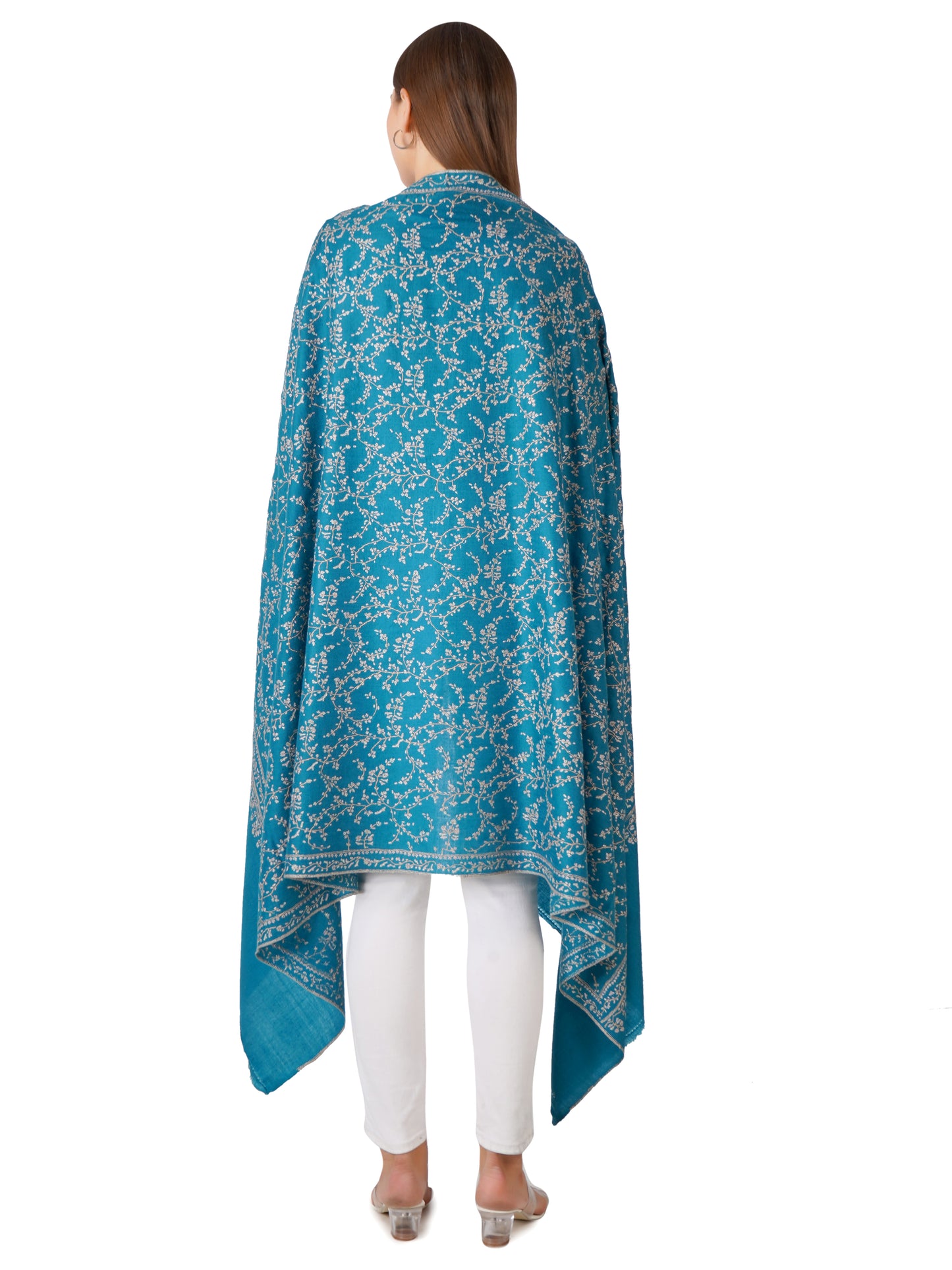 Beautiful Teal Green Pashmina Shawl with Leaf Embroidery - Luxurious Feel