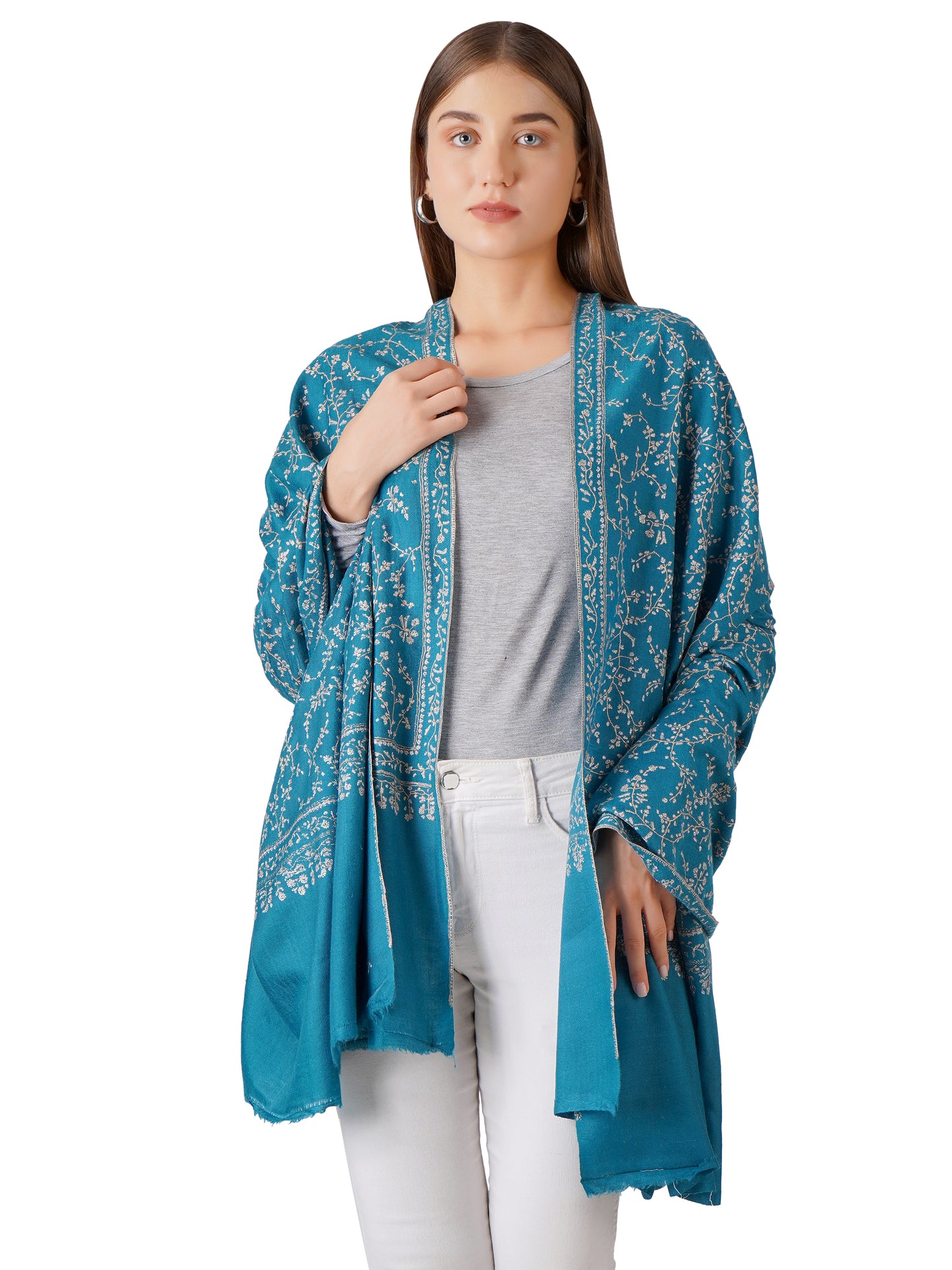 Beautiful Teal Green Pashmina Shawl with Leaf Embroidery - Luxurious Feel