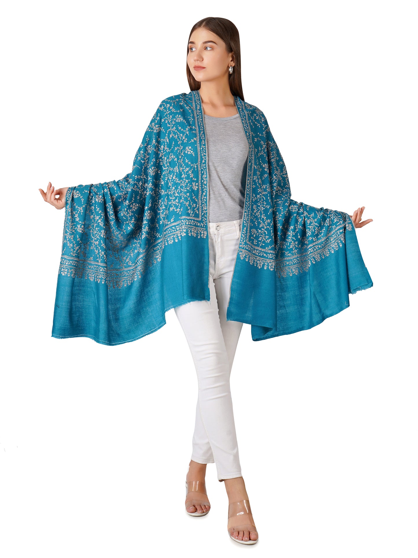 Beautiful Teal Green Pashmina Shawl with Leaf Embroidery - Luxurious Feel