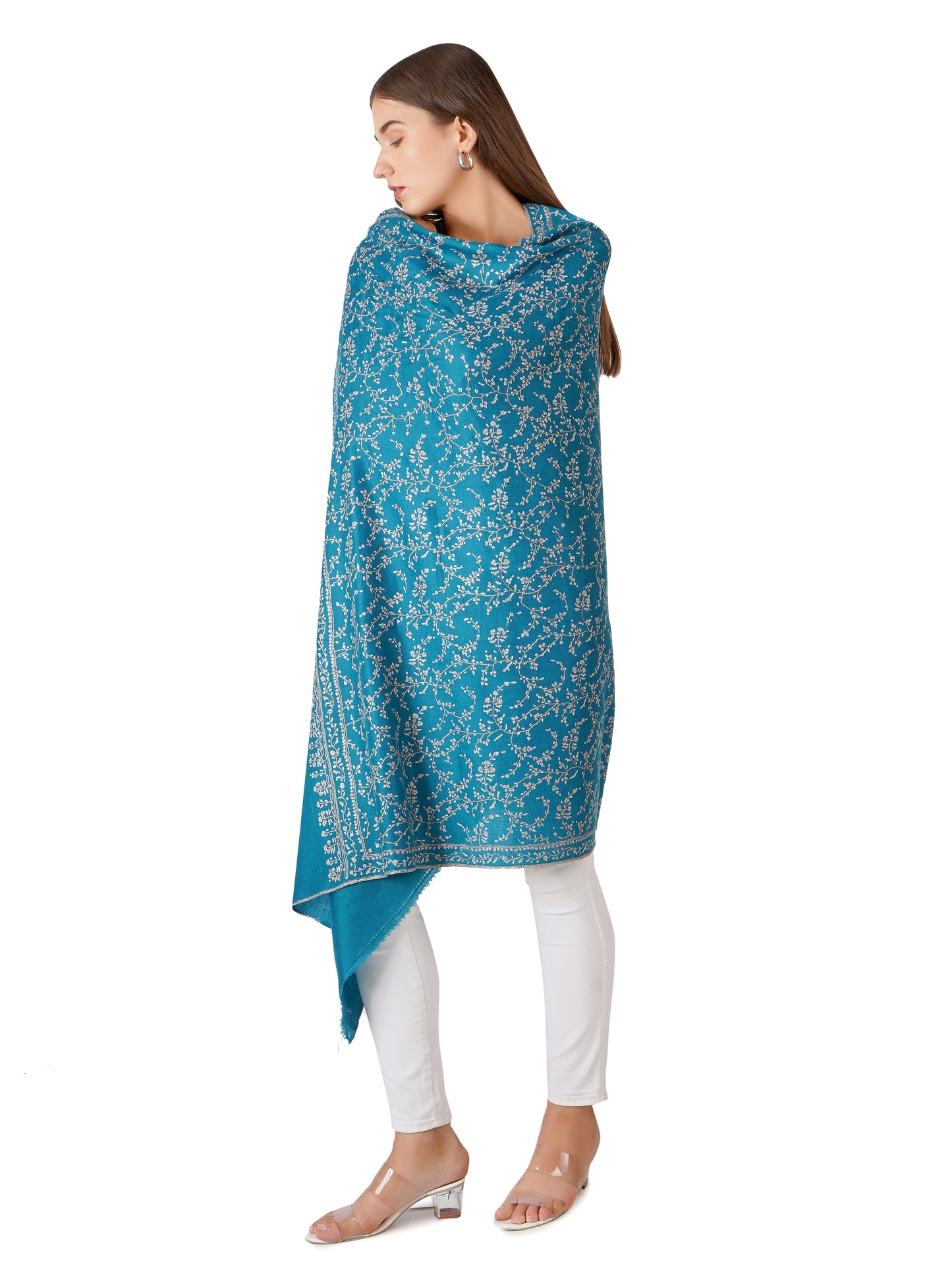 Beautiful Teal Green Pashmina Shawl with Leaf Embroidery - Luxurious Feel