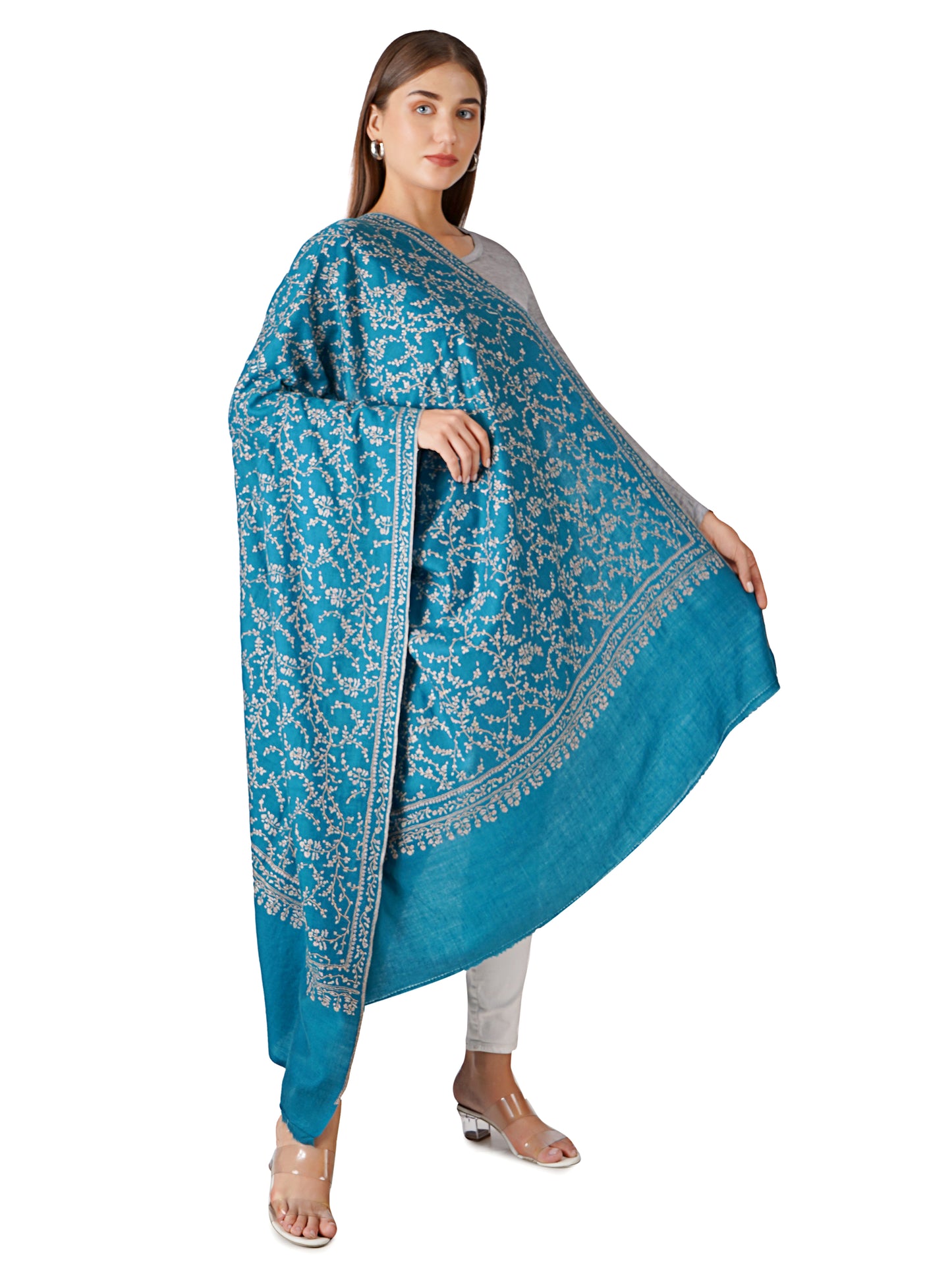 Beautiful Teal Green Pashmina Shawl with Leaf Embroidery - Luxurious Feel