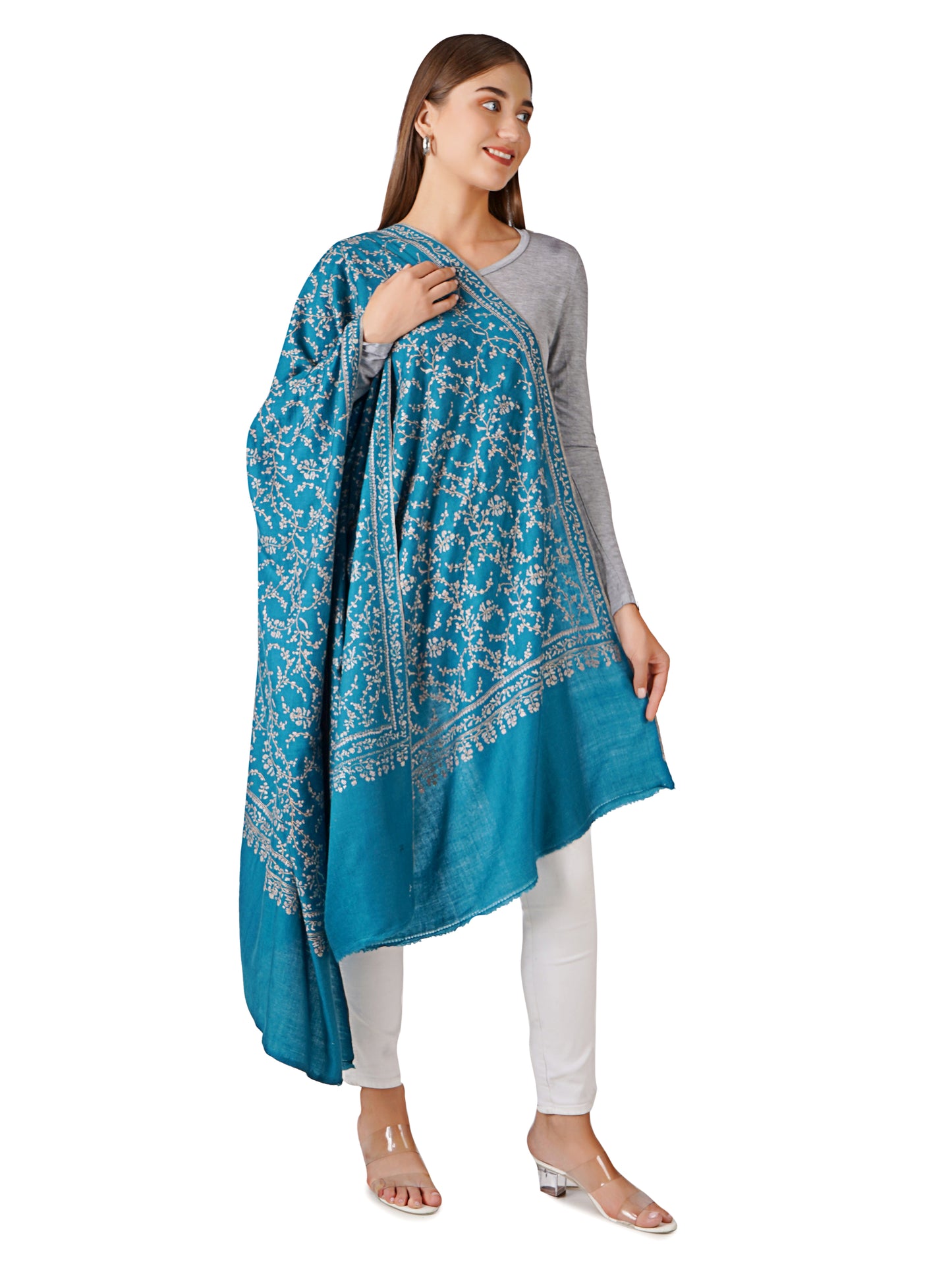 Beautiful Teal Green Pashmina Shawl with Leaf Embroidery - Luxurious Feel