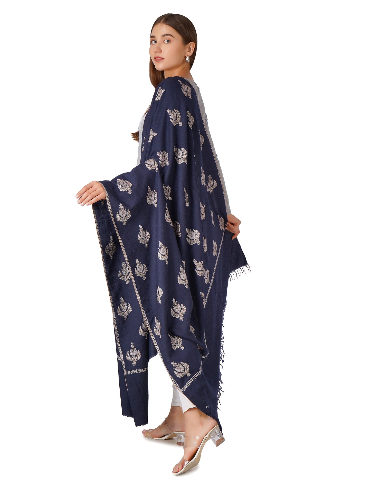 Handcrafted Navy Pashmina Shawl with Hand Embroidery - Luxurious and Soft