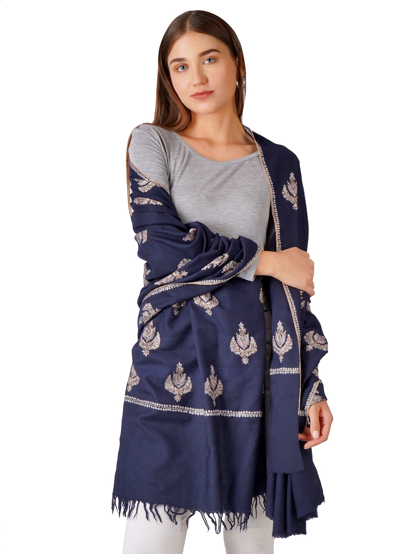 Handcrafted Navy Pashmina Shawl with Hand Embroidery - Luxurious and Soft