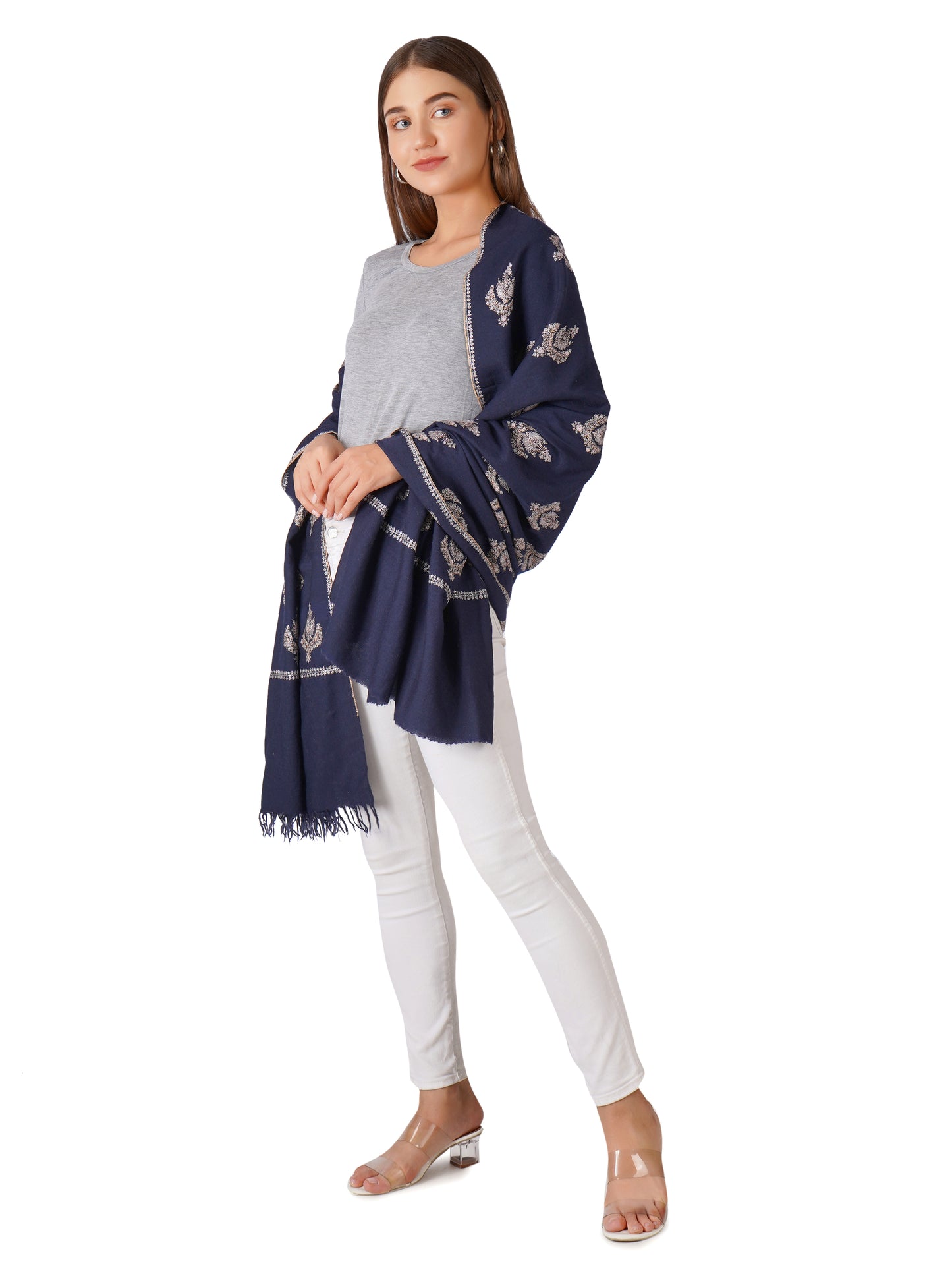 Handcrafted Navy Pashmina Shawl with Hand Embroidery - Luxurious and Soft