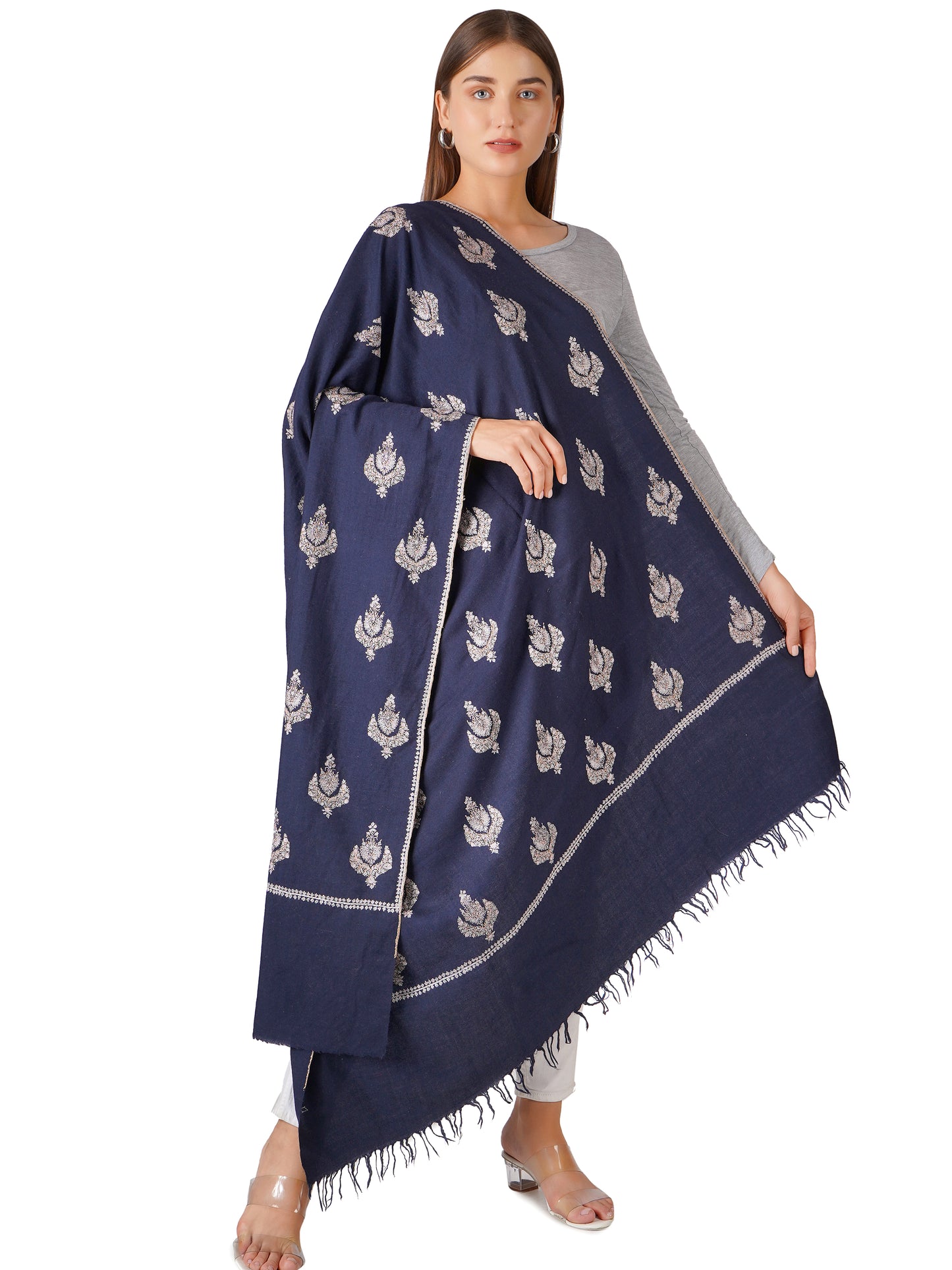 Handcrafted Navy Pashmina Shawl with Hand Embroidery - Luxurious and Soft