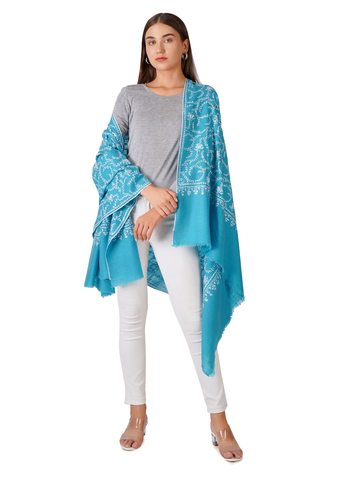 Cozy Pashmina Shawl with Intricate Patterns - Aqua