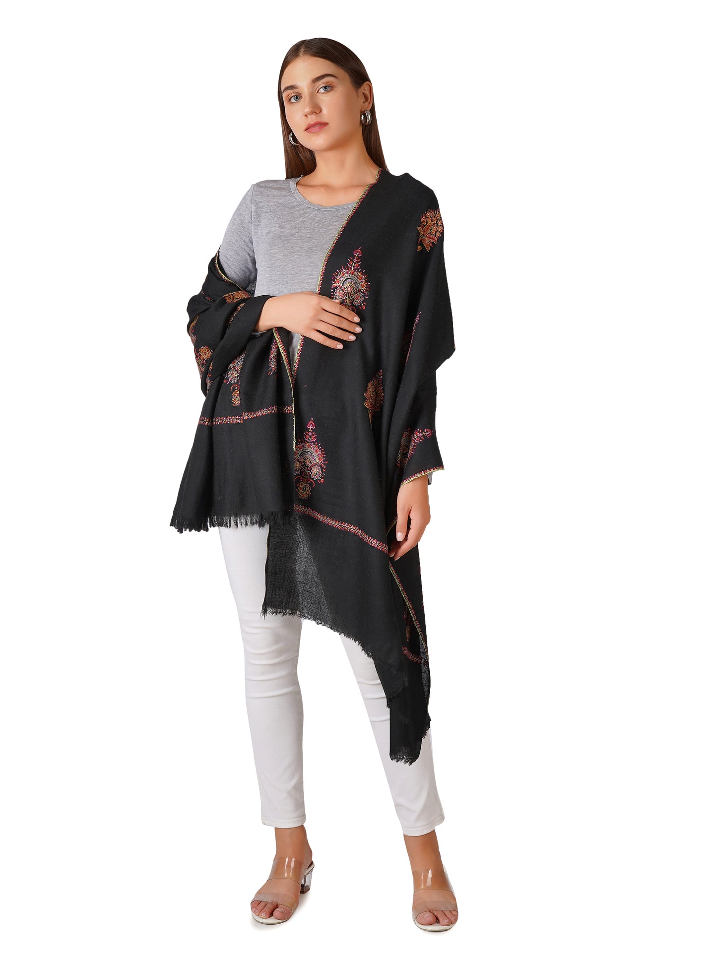 Stylish Black Pashmina Shawl with Elegant Embroidery - Luxurious and Soft