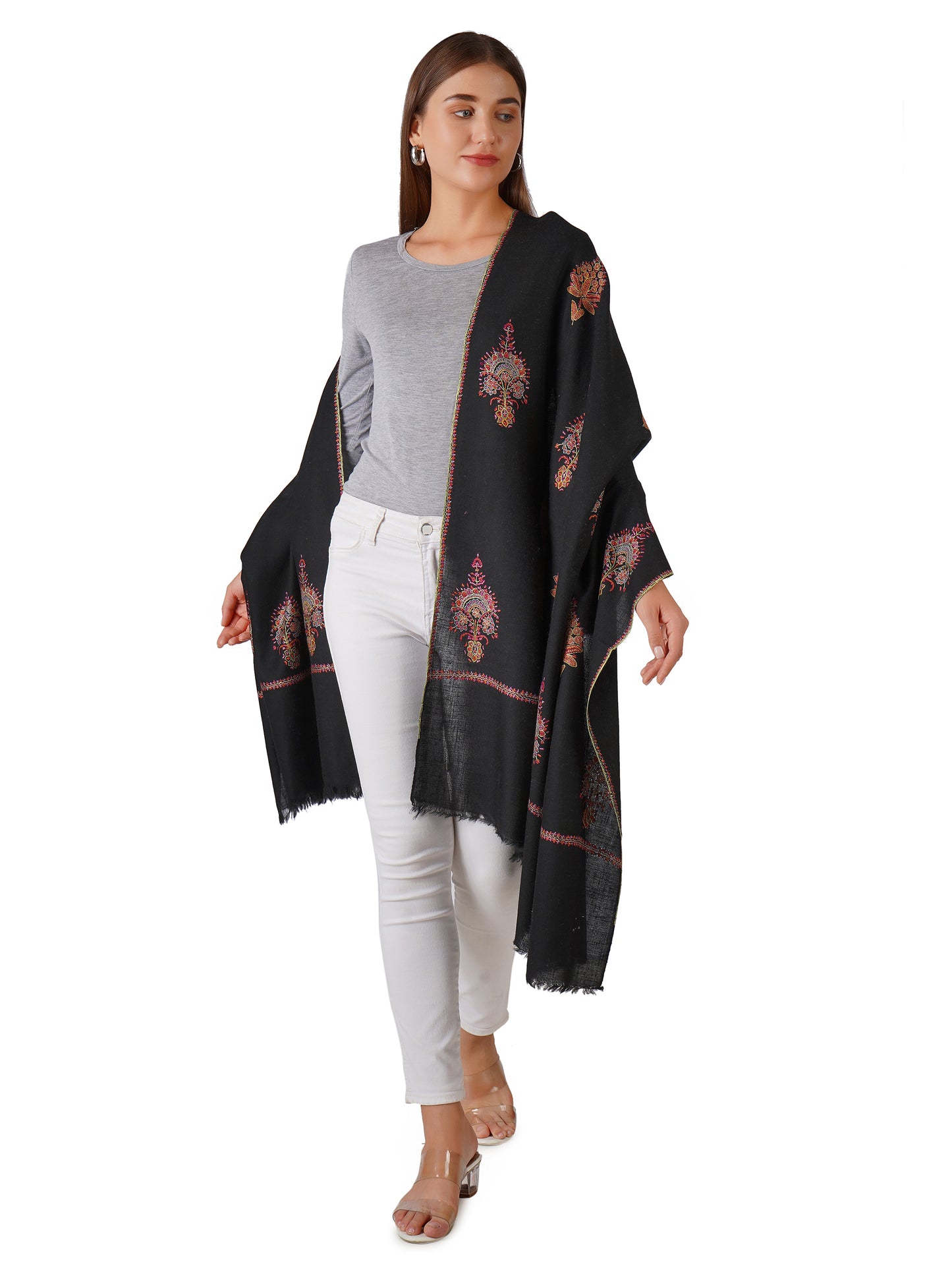 Stylish Black Pashmina Shawl with Elegant Embroidery - Luxurious and Soft