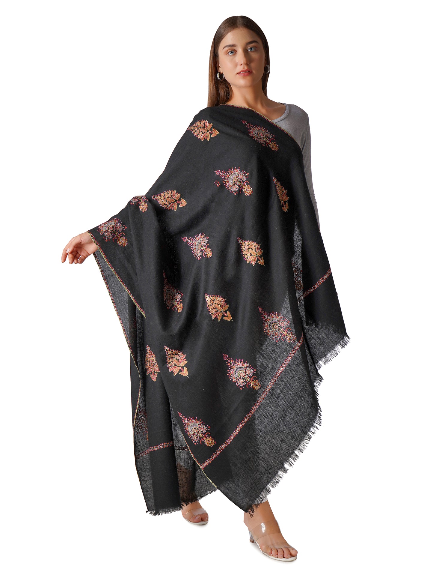 Stylish Black Pashmina Shawl with Elegant Embroidery - Luxurious and Soft