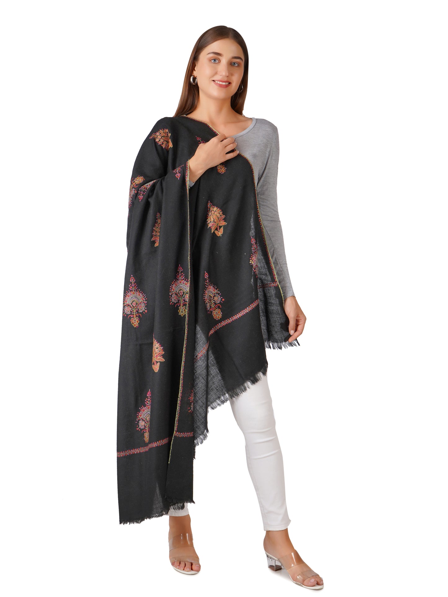 Stylish Black Pashmina Shawl with Elegant Embroidery - Luxurious and Soft