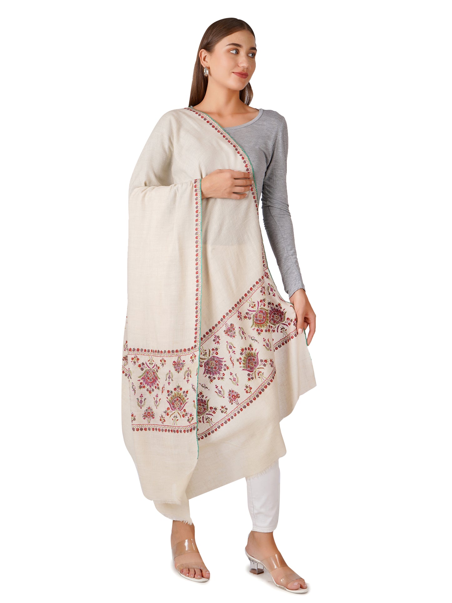 Vibrant White Pashmina Shawl with Detailed Designs