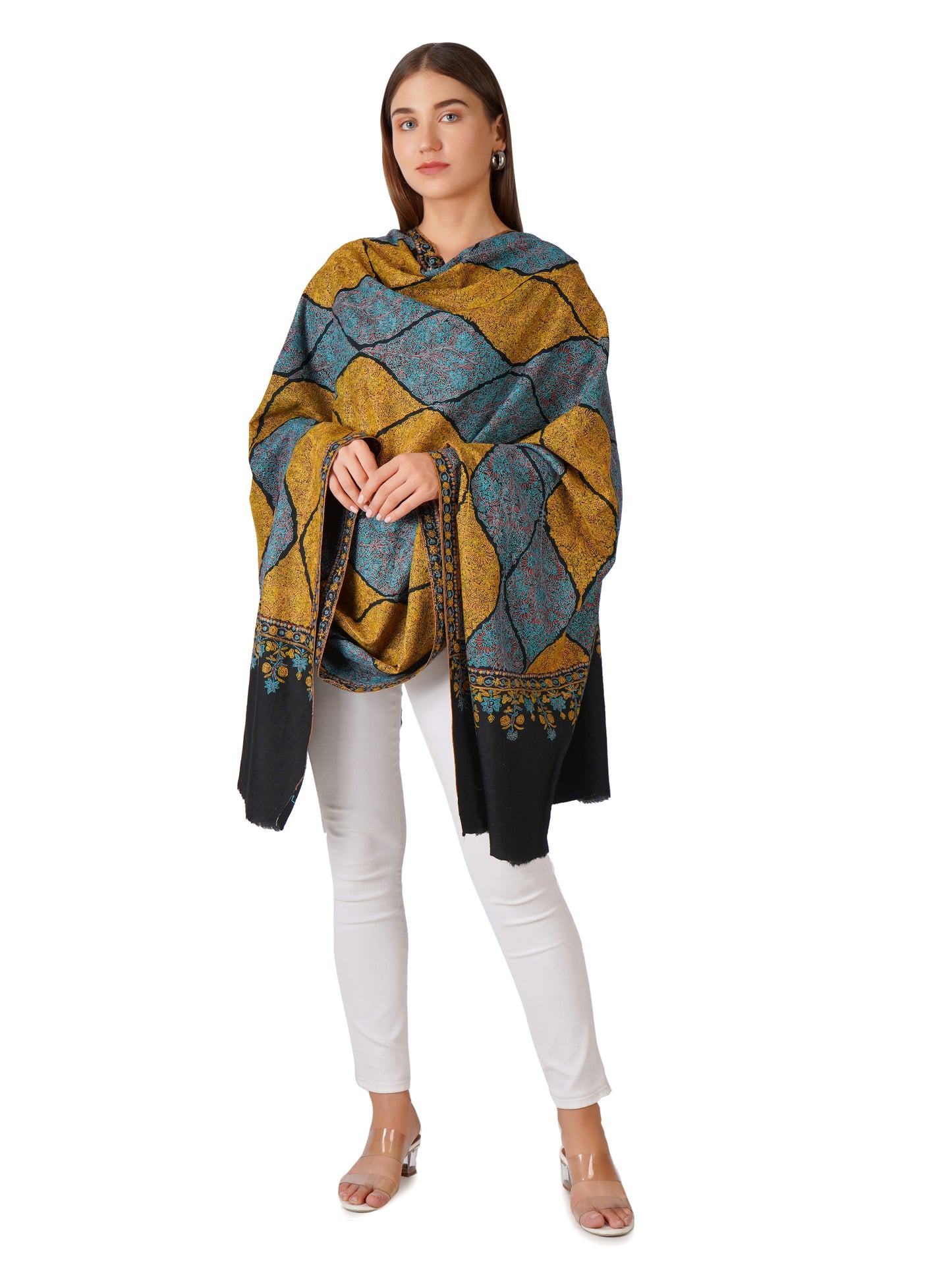 Classic Pashmina Shawl with Golden and Blue Embroidery Hues - Black