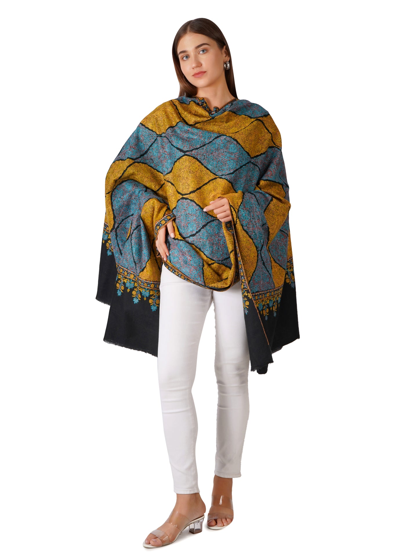 Classic Pashmina Shawl with Golden and Blue Embroidery Hues - Black