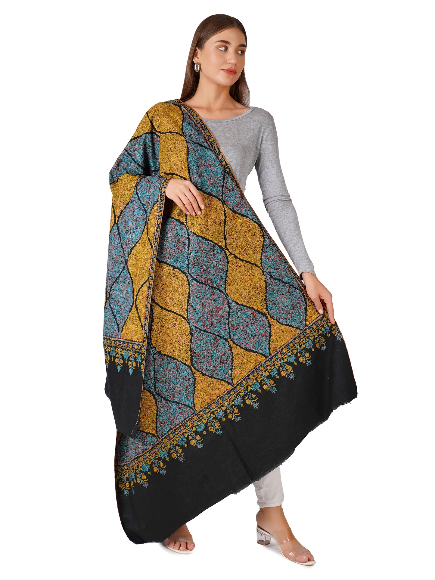 Classic Pashmina Shawl with Golden and Blue Embroidery Hues - Black