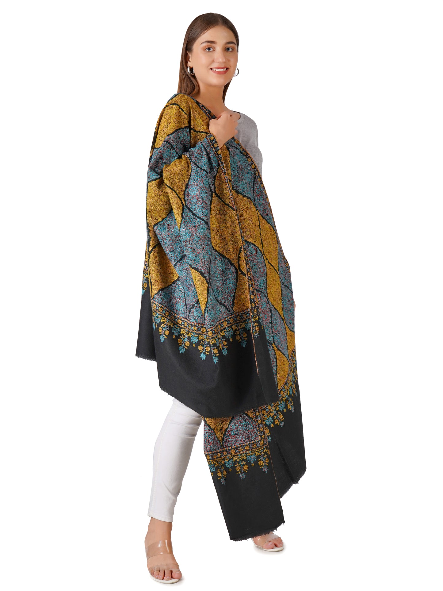 Classic Pashmina Shawl with Golden and Blue Embroidery Hues - Black