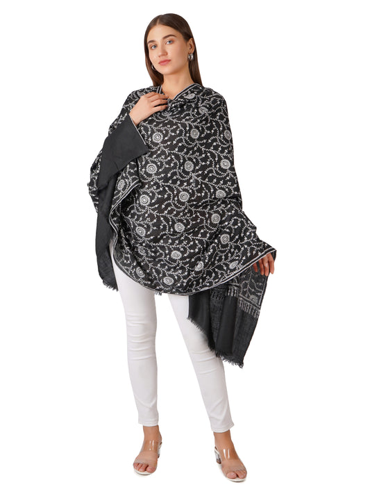 Cozy Black Pashmina Shawl with Elegant White Embroidery