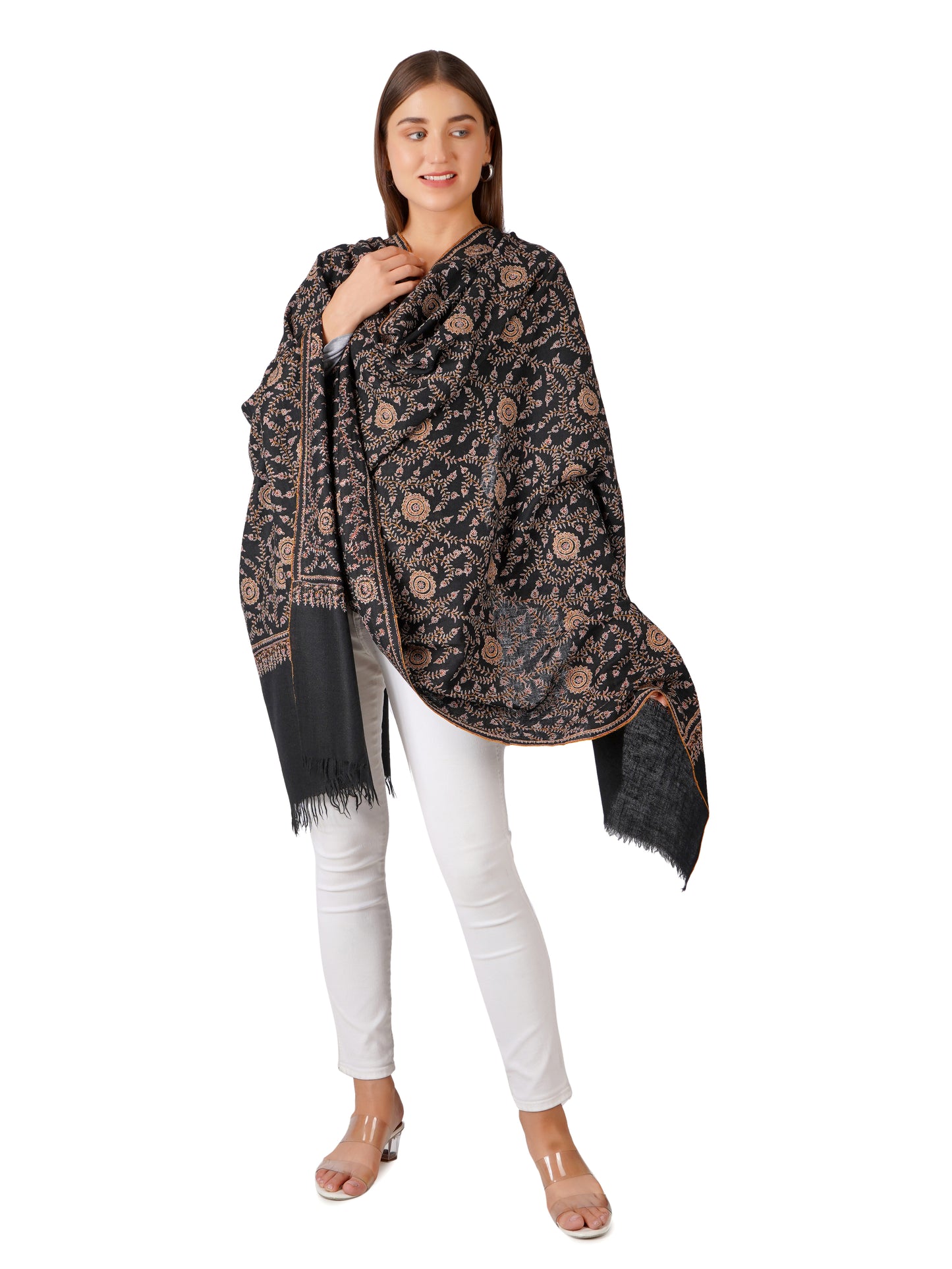 Beautiful Black Pashmina Shawl with Intricate Embroidery