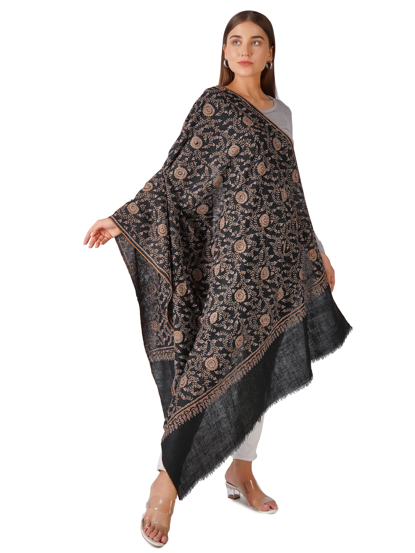 Beautiful Black Pashmina Shawl with Intricate Embroidery