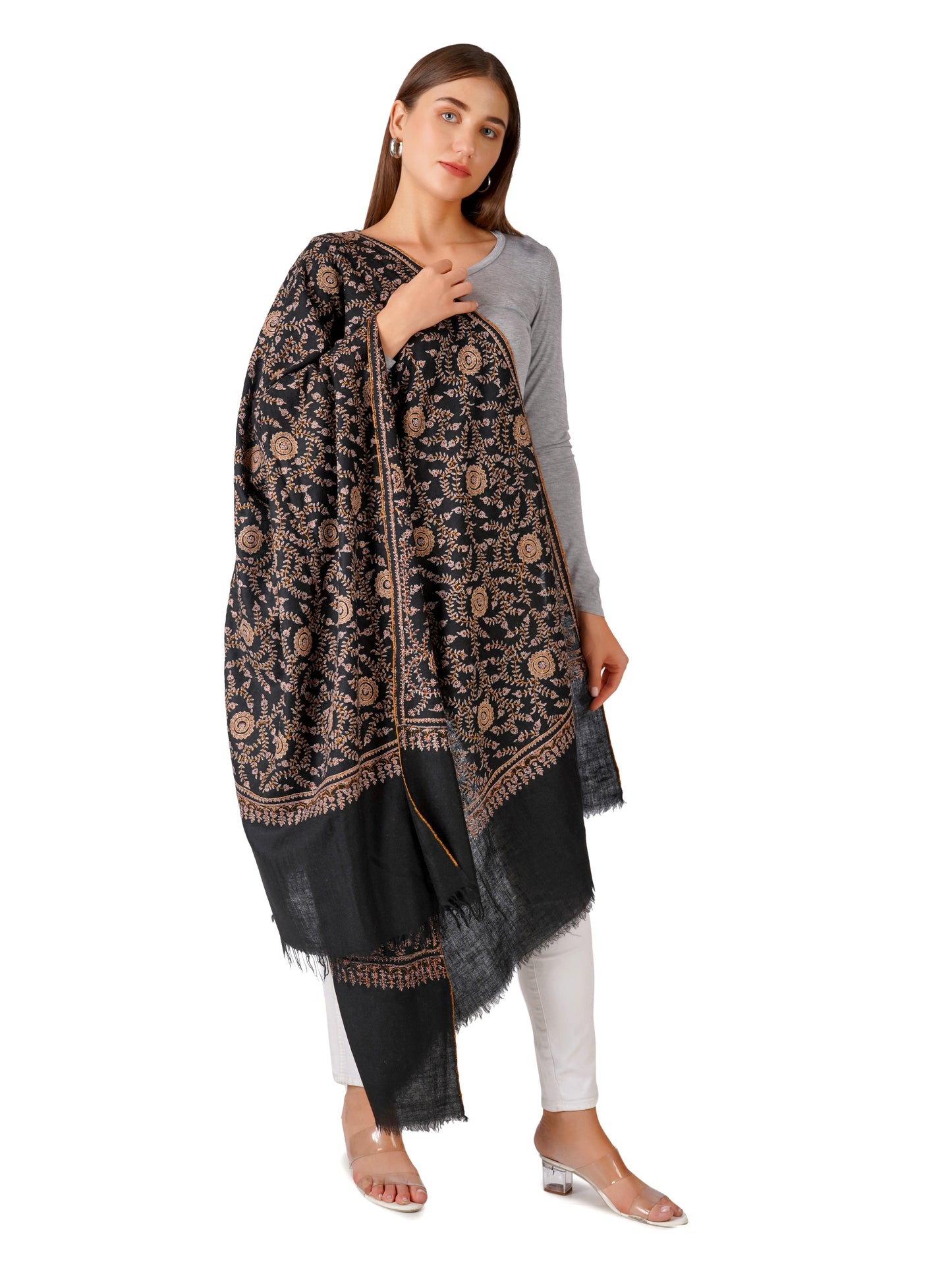 Beautiful Black Pashmina Shawl with Intricate Embroidery