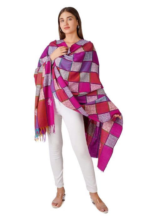 Elegant Checkered Pashmina Shawl with Sozni Hand Embroidery