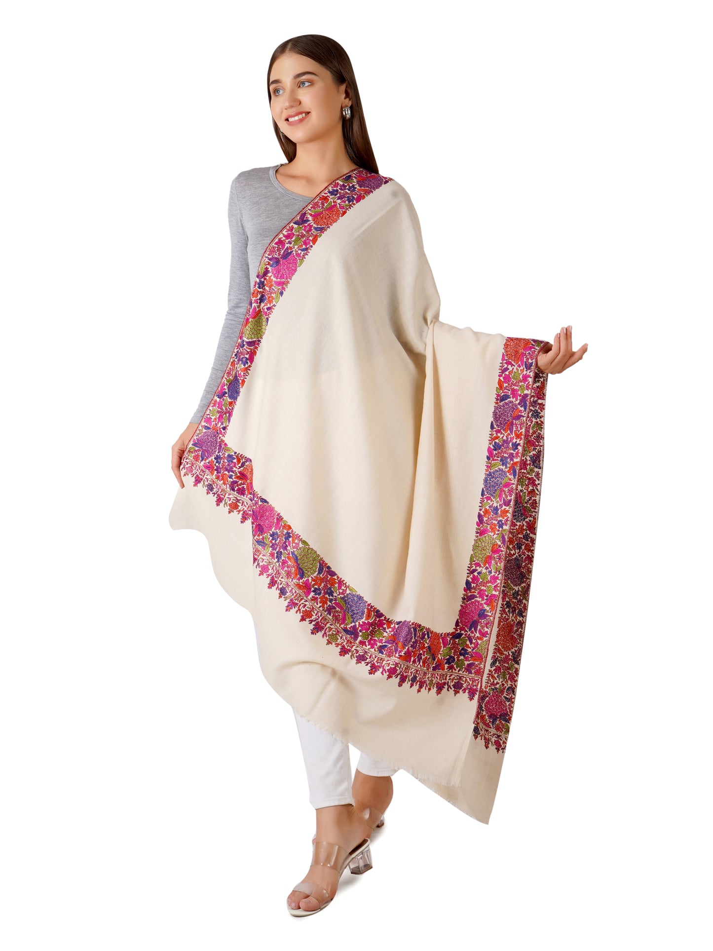 Handwoven White Pashmina Shawl with Elegant Border Embroidery