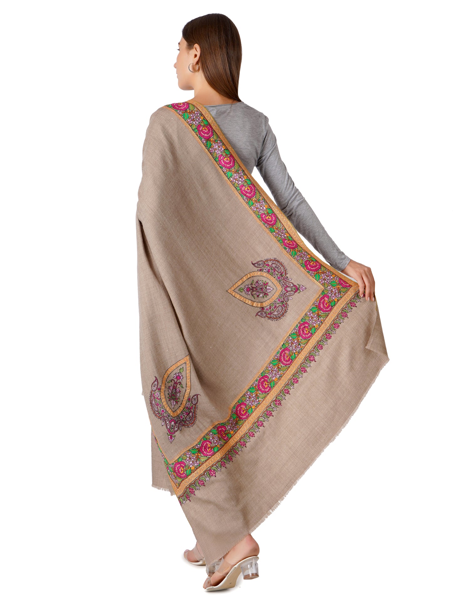 Luxurious Brown Pashmina Shawl with Intricate Sozni Embroidery