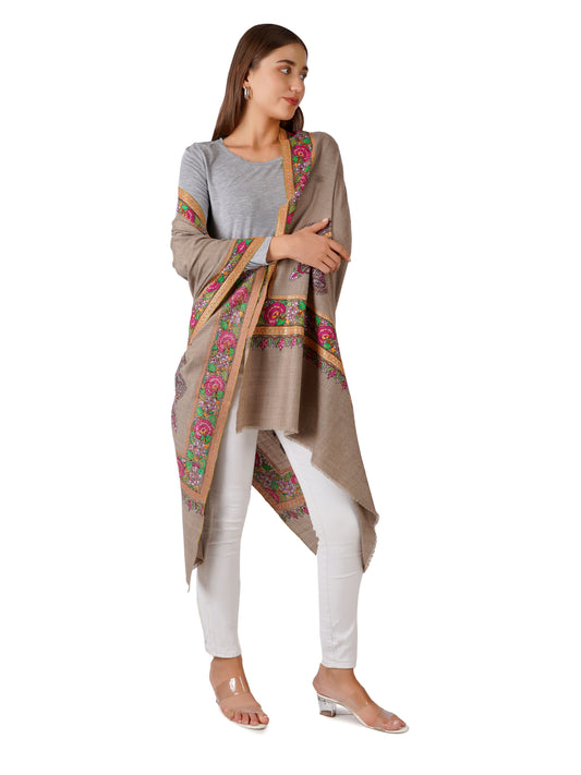 Luxurious Brown Pashmina Shawl with Intricate Sozni Embroidery