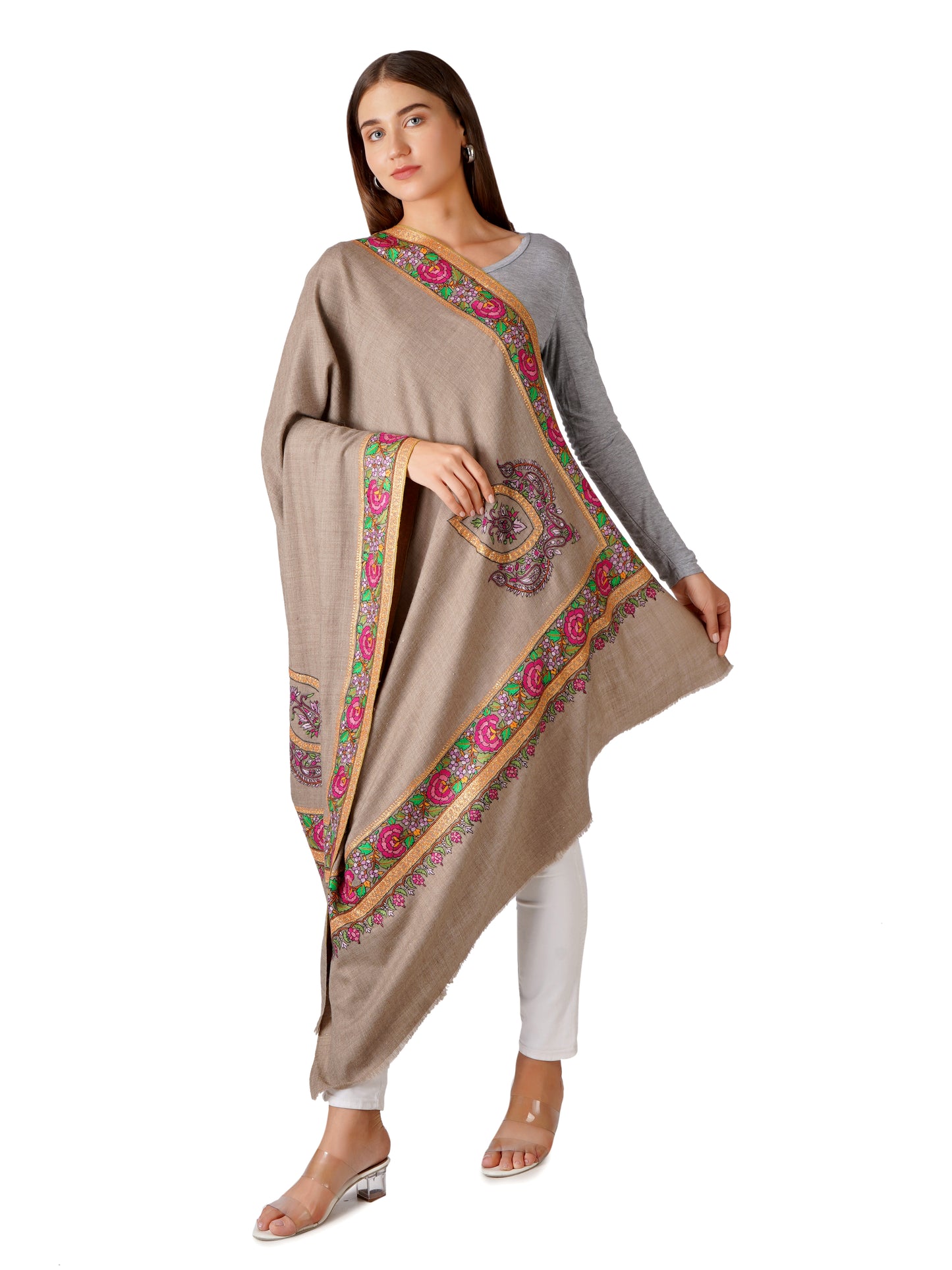 Luxurious Brown Pashmina Shawl with Intricate Sozni Embroidery