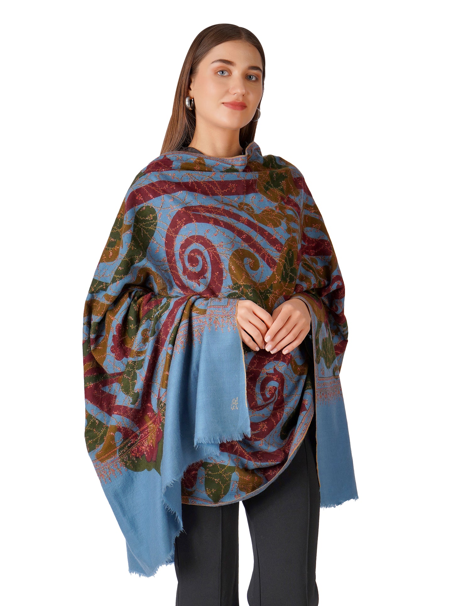 Stylish Blue Pashmina Shawl with Intricate Paisley Design