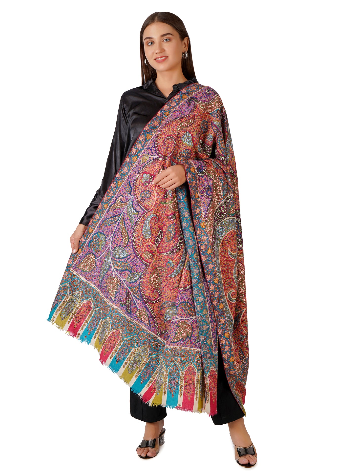 Luxurious Pashmina Shawl with Hand Sozni Embroidery Designs - Multi Color