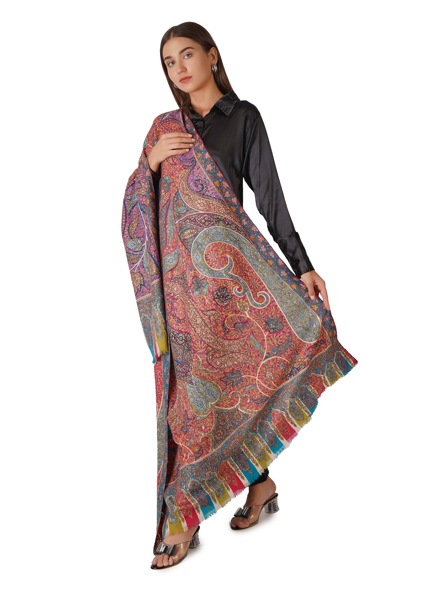 Luxurious Pashmina Shawl with Hand Sozni Embroidery Designs - Multi Color