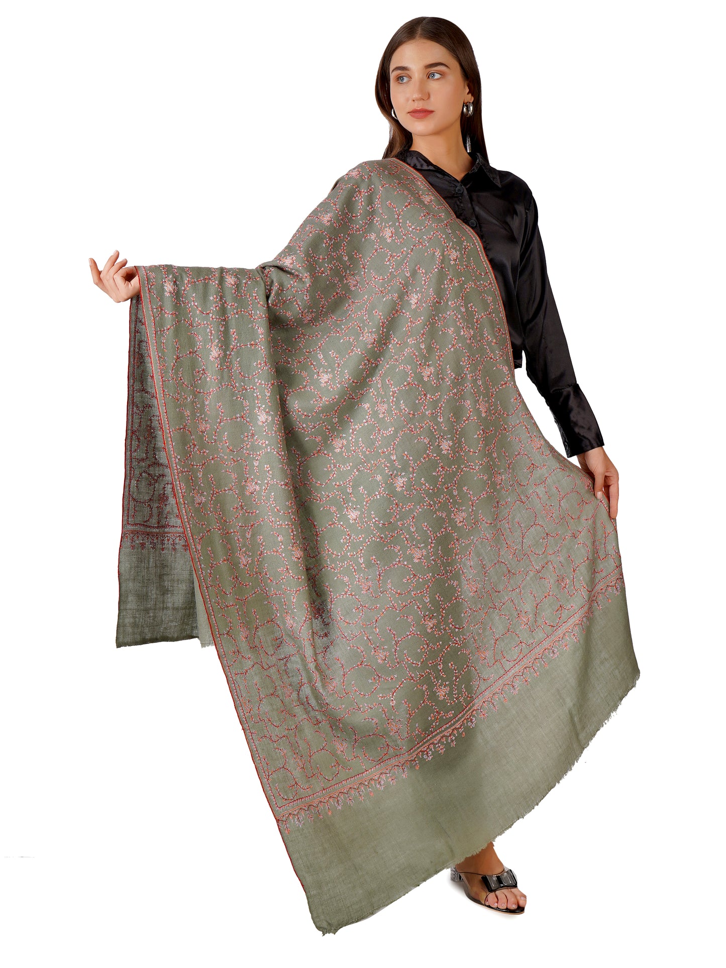 Beautiful Pashmina Shawl with Detailed Patterns - Sea Green