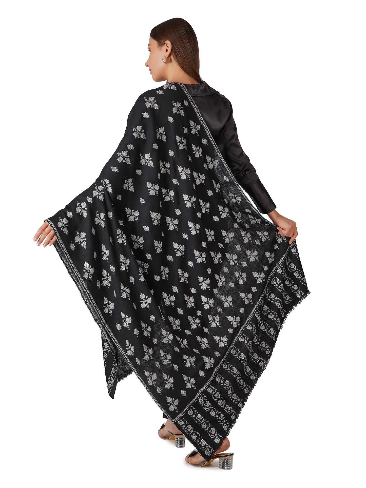 Luxurious Pashmina Shawl with White Embroidery - Black