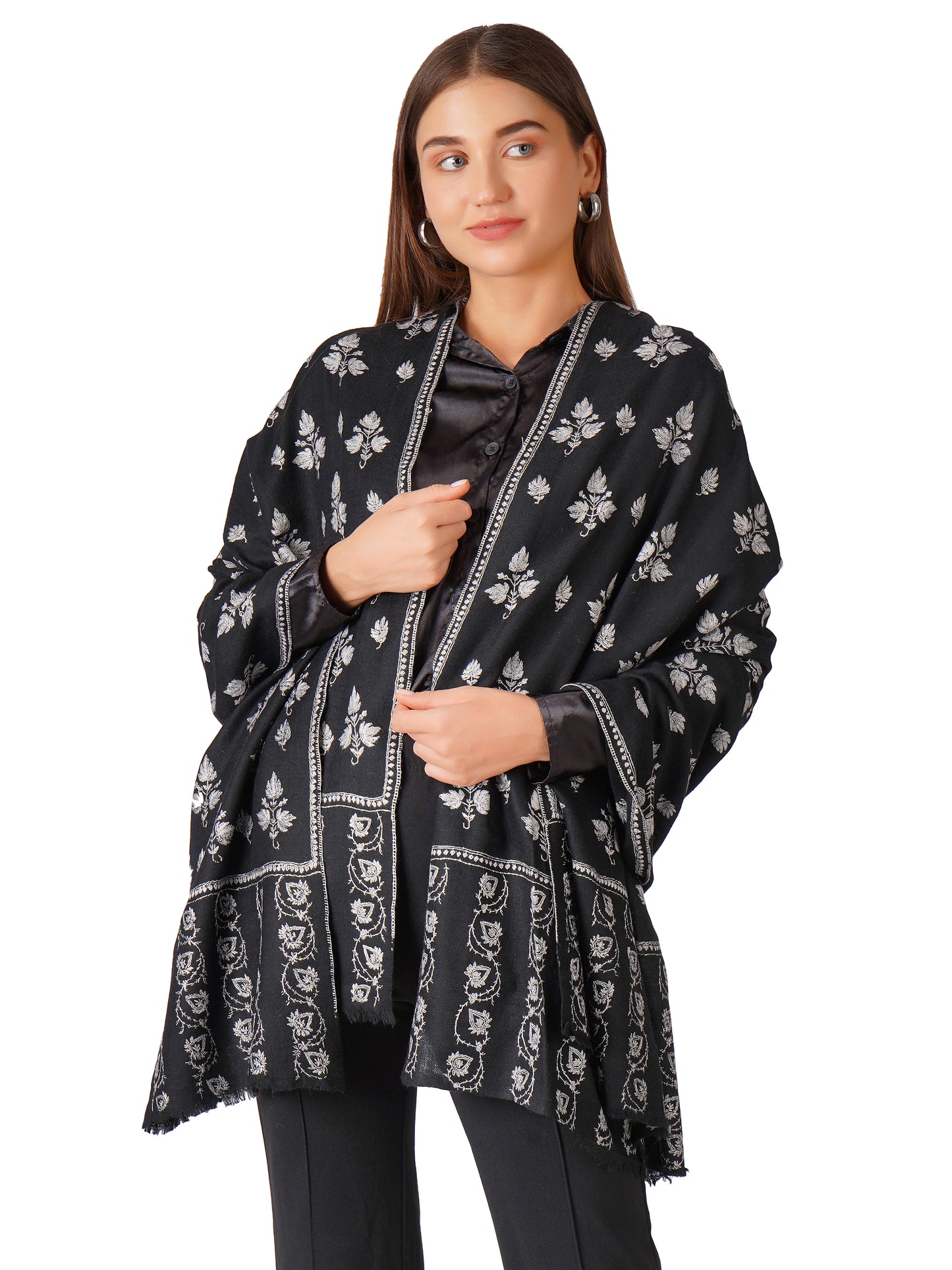 Luxurious Pashmina Shawl with White Embroidery - Black