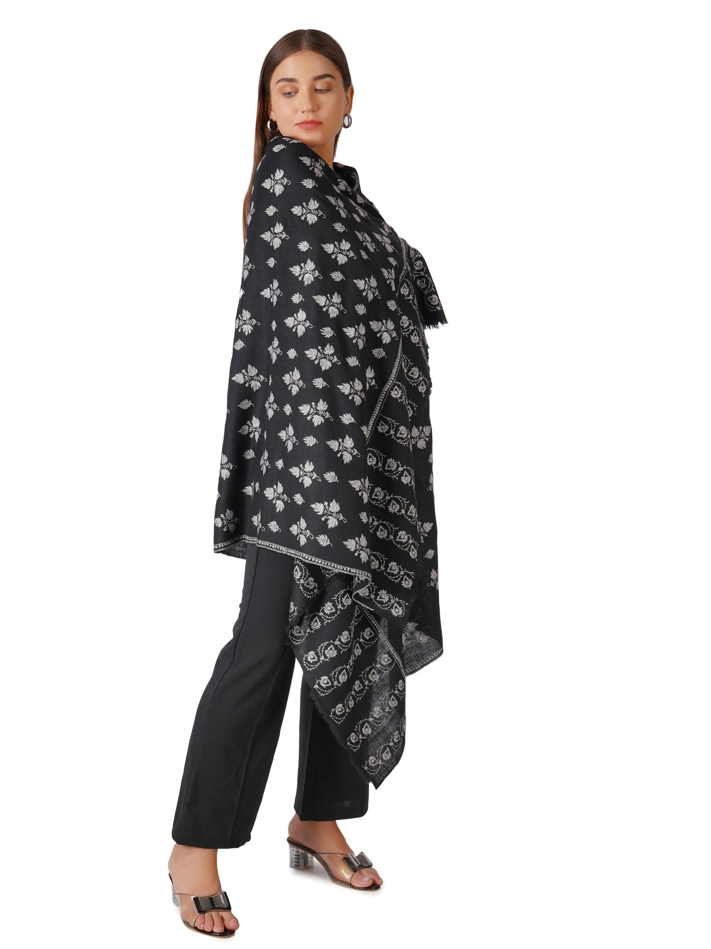 Luxurious Pashmina Shawl with White Embroidery - Black