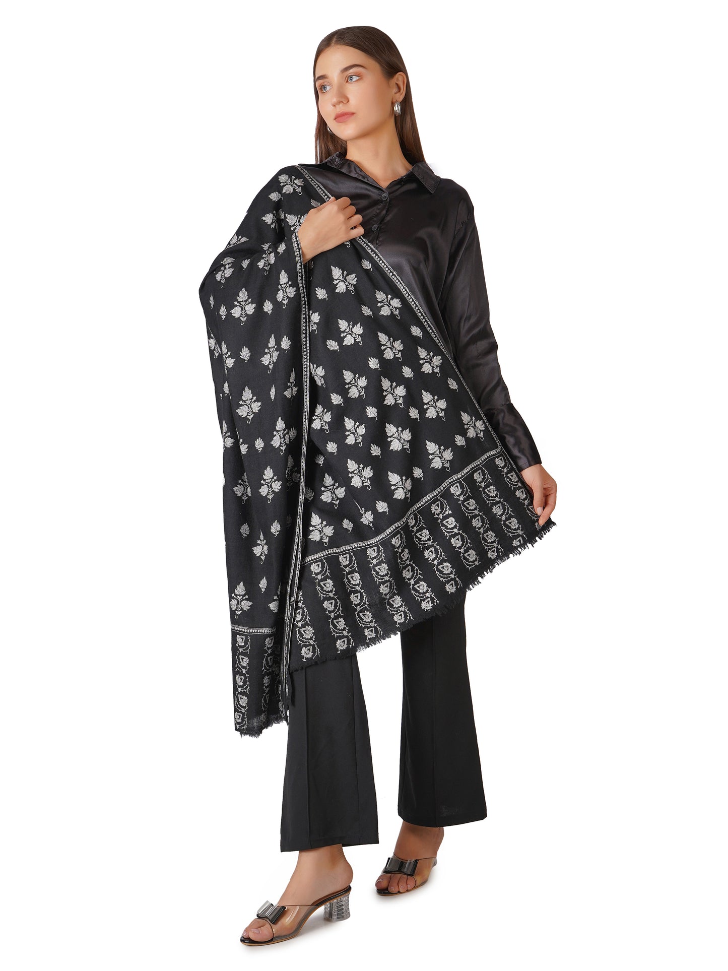 Luxurious Pashmina Shawl with White Embroidery - Black