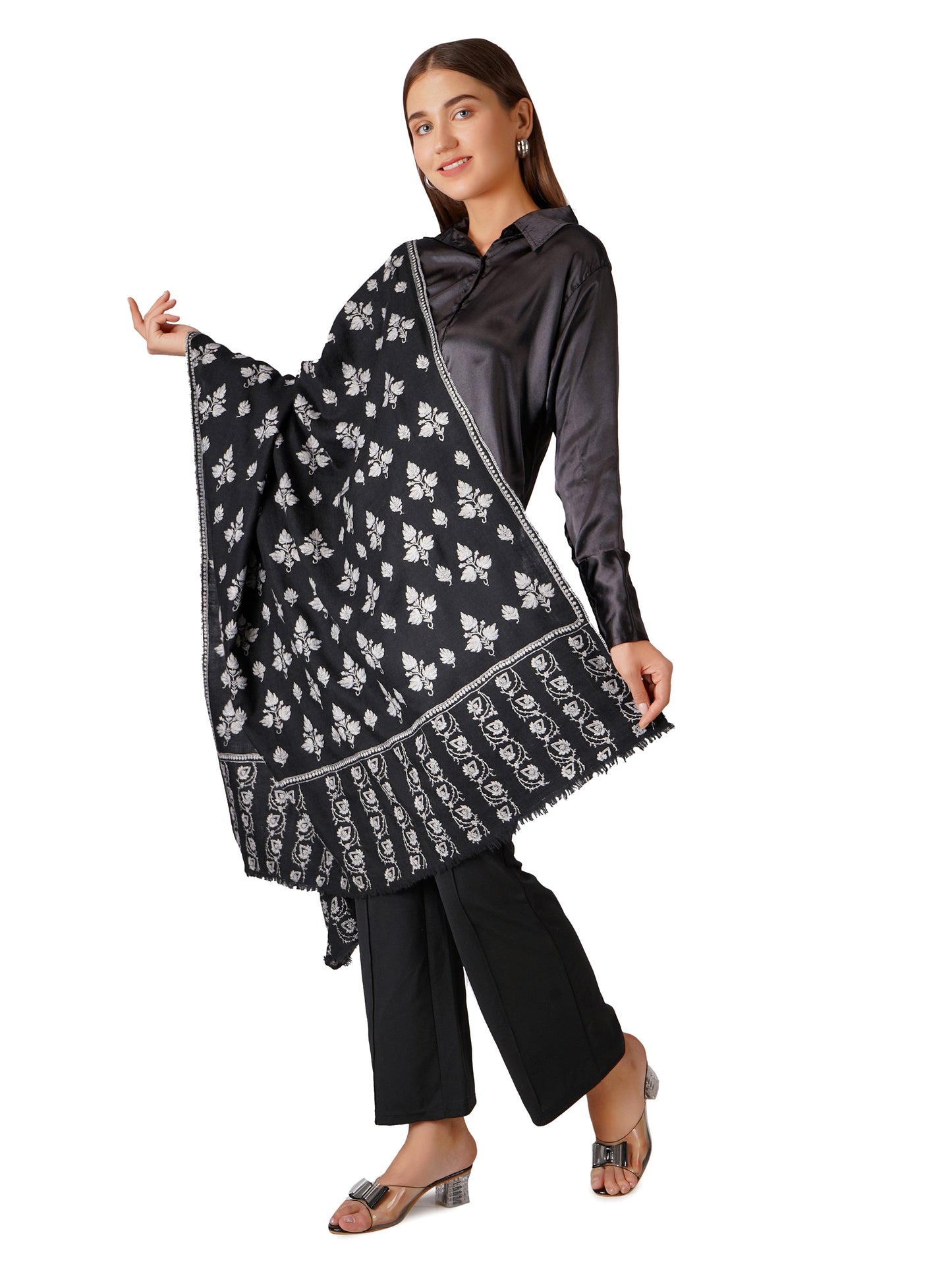 Luxurious Pashmina Shawl with White Embroidery - Black