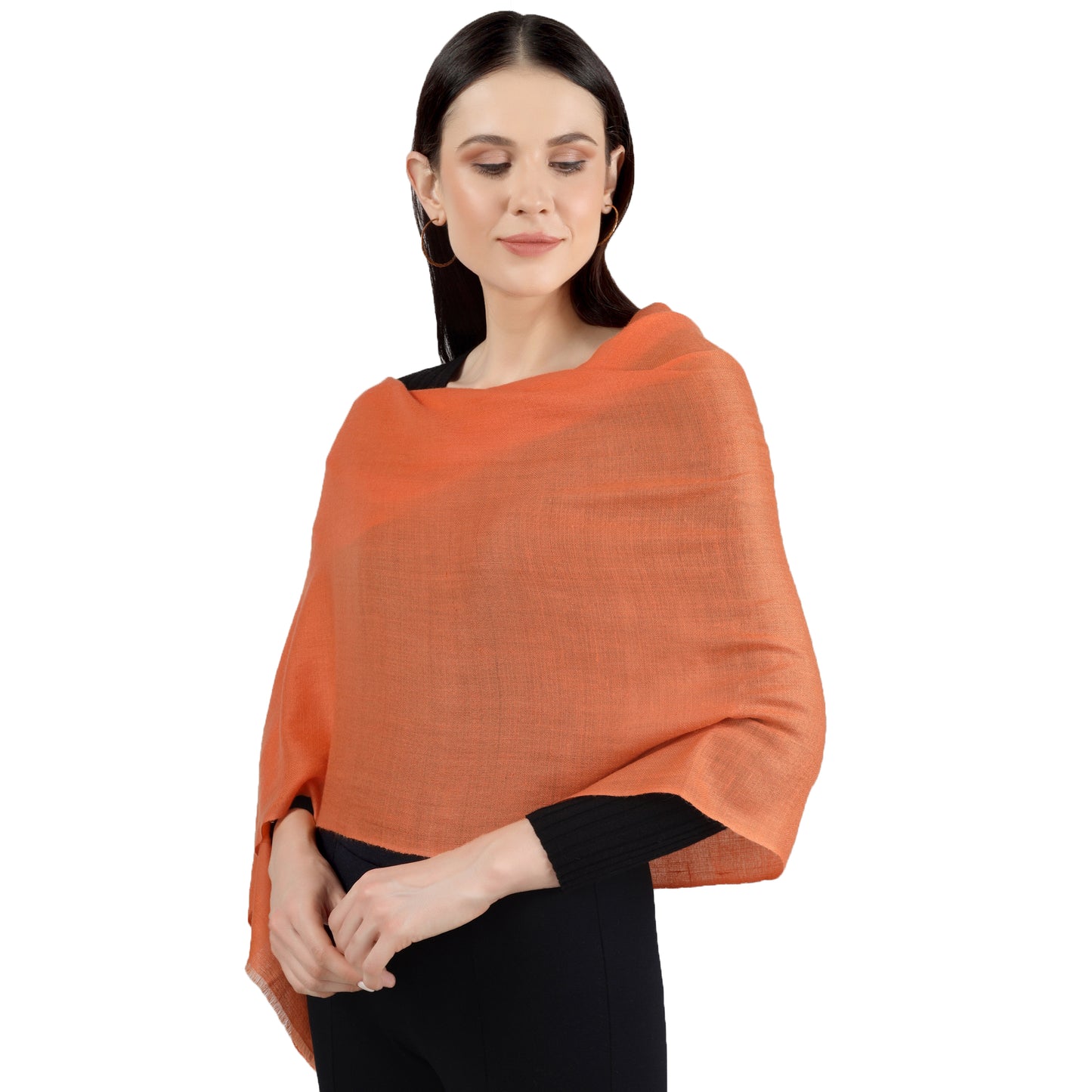 A woman wearing a Orange Cashmere Scarf with Black dress